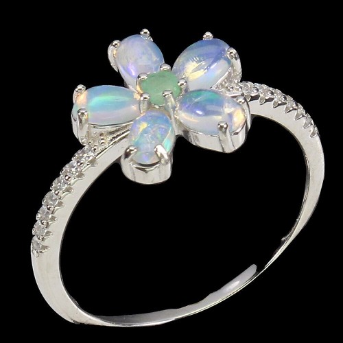 Delikatny pierścionek opale szmaragd kwiat r 14