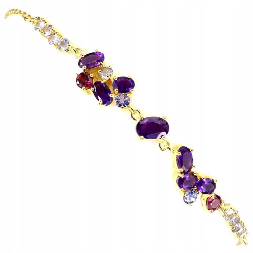 Bransoletka delikatna piękna ametysty granaty tanzanity 925