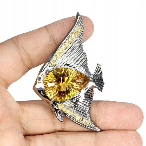 Broszka srebrna naturalny 20ct cytryn szafiry Songea ryba