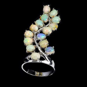 925 Piękny srebrny pierścionek naturalne opale ogniste r 14