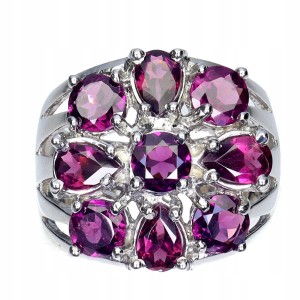 Pierścionek kwiat r 14 naturalne granaty rodolity srebrny