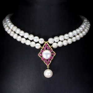 Naszyjnik perły rubiny srebrny natural piękny 925