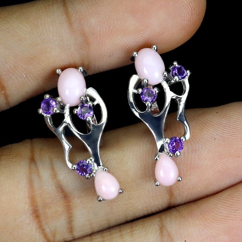 Srebrne 925 kolczyki naturalne różowe opale ametysty 3