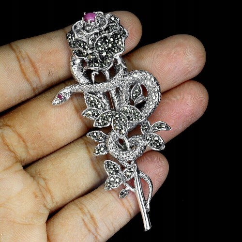 Srebrna broszka naturalne rubiny markazyty 925 róża wąż