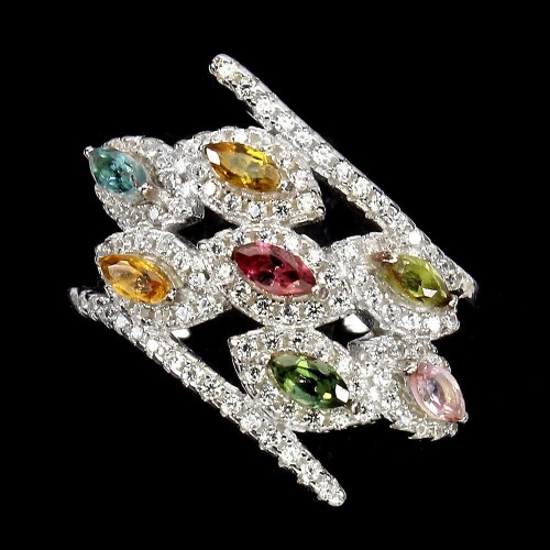 Pierścionek naturalne turmaliny cyrkonie r 17 piękny srebro