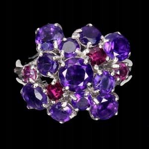 Pierścionek r 19.5 naturalne ametysty granaty srebrny 925