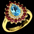 Pierścionek srebrny naturalny topaz swiss blue granaty rodolity r 12.5