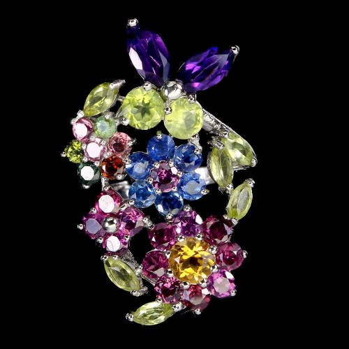 Pierścionek r 19 ametysty cytryny turmaliny oliwiny kianity granaty kwiat