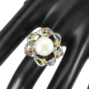 Pierścionek srebrny naturalna kremowa perła granaty r 17.5 kwiat