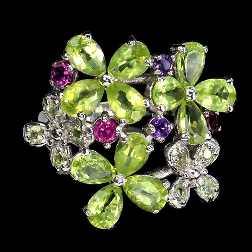 925 Pierścionek naturalne granaty oliwiny ametysty kwiat r 19