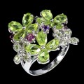 925 Pierścionek naturalne granaty oliwiny ametysty kwiat r 19