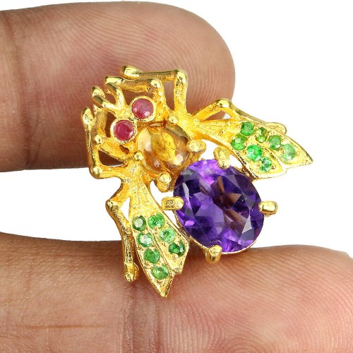 Broszka pszczoła srebrna naturalny ametyst cytryn diopsydy rubiny 925