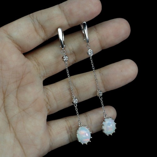 Kolczyki srebrne wiszące naturalne ogniste opale cyrkonie 4