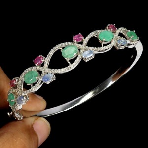 Bransoletka naturalne rubiny szafiry szmaragdy cyrkonie srebrna