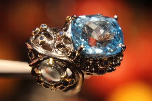 925 Srebrny pierścionek naturalny topaz akwamaryn szafiry r 16.5