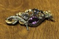 Broszka srebrna naturalny ametyst spinele diopsydy szafir ptak