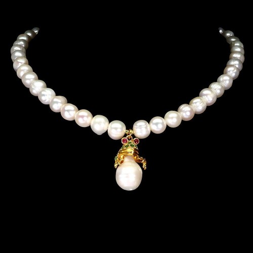 Naszyjnik żaba rubiny szmaragdy perły srebro 925 naturalne