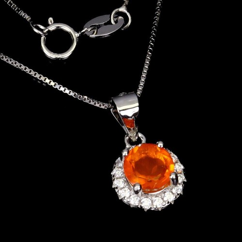 925 Delikatny naszyjnik naturalny pomarańczowy opal cyrkonie srebrny