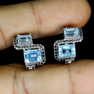 Srebrne kolczyki naturalne topazy sky blue czarne spinele 1