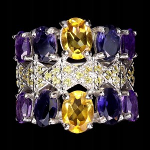 Srebrny pierścionek naturalne cytryny ametysty granaty szafiry r 19