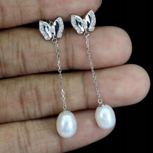 925 Srebrne delikatne kolczyki naturalne perły cyrkonie motyl 1