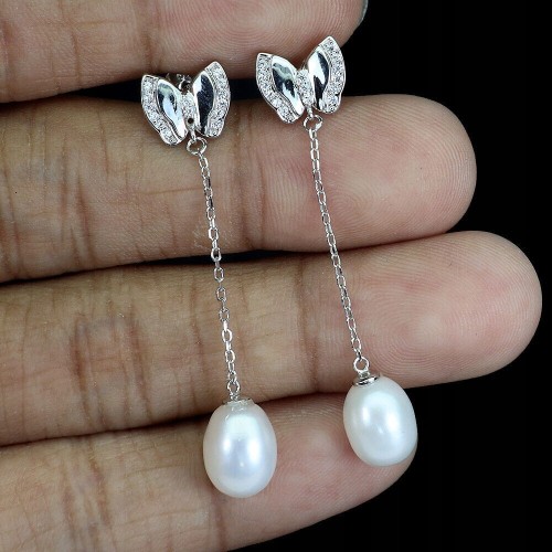 925 Srebrne delikatne kolczyki naturalne perły cyrkonie motyl 1