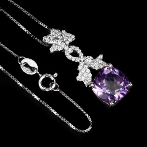 Delikatny piękny naszyjnik naturalny ametyst cyrkonie 925