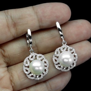 Srebrne piękne kolczyki naturalne kremowe perły cyrkonie 1