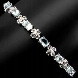 Piękna delikatna bransoletka naturalne akwamaryny granaty 925