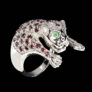 Pierścionek tygrys szmaragdy granaty naturalne srebro r 19