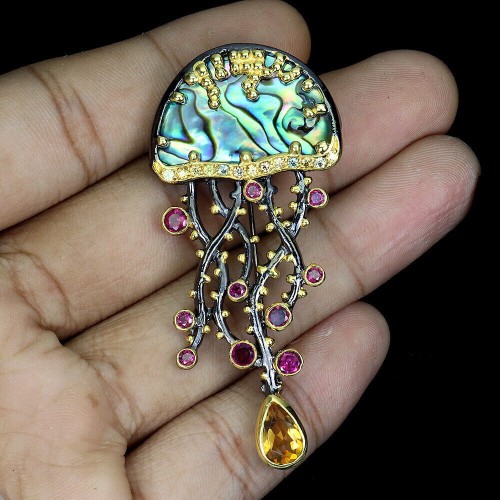 Srebrna broszka wisiorek masa perłowa meduza cytryn granaty szafiry 925