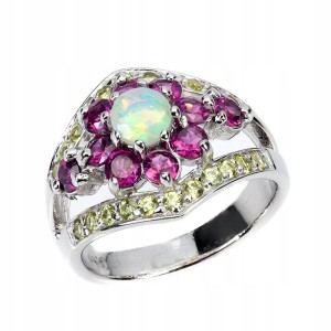 Srebrny 925 pierścionek naturalny opal ognisty szafiry granaty r 15