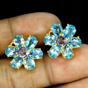 1 Kolczyki naturalne ametysty topazy swiss blue kwiat 925