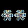 1 Kolczyki naturalne ametysty topazy swiss blue kwiat 925