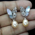 925 Srebro delikatne kolczyki naturalna masa perłowa perły cyrkonie motyl 1