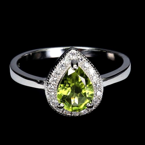 Pierścionek r 19 srebrny delikatny naturalny oliwin cyrkonie