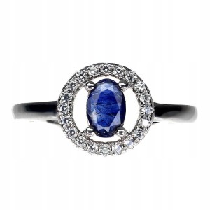 925 Delikatny pierścionek naturalny niebieski szafir cyrkonie r 14