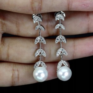 Srebrne 1 piękne kolczyki naturalne kremowe perły cyrkonie
