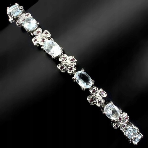 Piękna delikatna bransoletka naturalne akwamaryny granaty 925