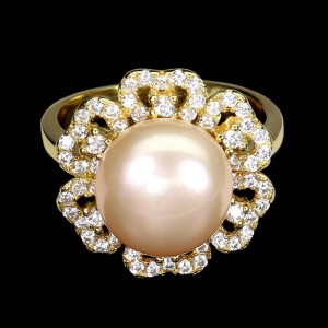 Pierścionek srebro naturalna kremowa perła cyrkonie r 12