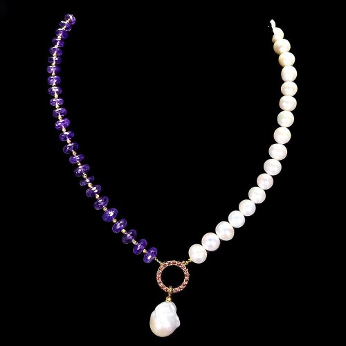 925 Naszyjnik naturalne perły granaty ametysty zjawiskowy