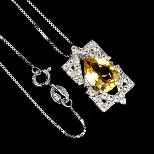 925 Piękny naszyjnik delikatny naturalny cytryn białe topazy srebrny