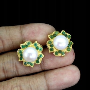 925 Kolczyki srebrne naturalne perły szmaragdy kwiat 4