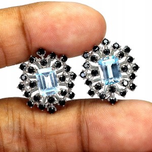 Srebrne kolczyki naturalne topazy sky blue czarne spinele 4