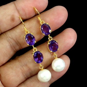 925 Srebrne wiszące kolczyki naturalne ametysty perły 4