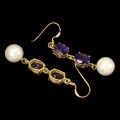 925 Srebrne wiszące kolczyki naturalne ametysty perły 4