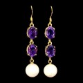 925 Srebrne wiszące kolczyki naturalne ametysty perły 4