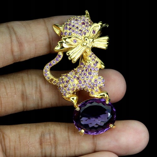 Zjawiskowa broszka kot srebrna 925 naturalne ametysty