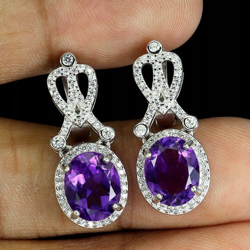 4 Delikatne srebrne kolczyki naturalne ametysty cyrkonie