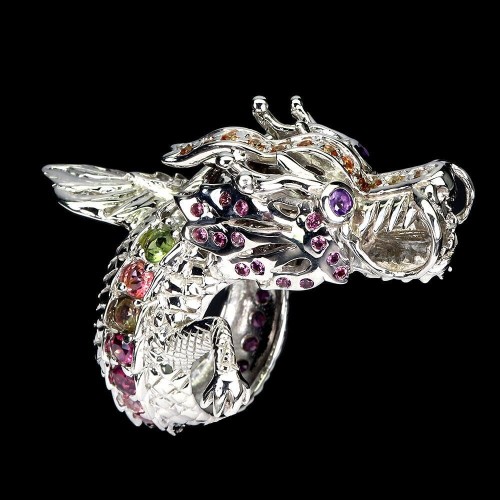 Pierścionek srebro 925 smok turmaliny ametysty szafiry granaty r 16